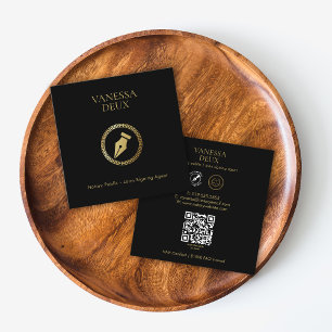 Modern Black & Gold Notary Pen QR Logo Elegant Square Business Card
