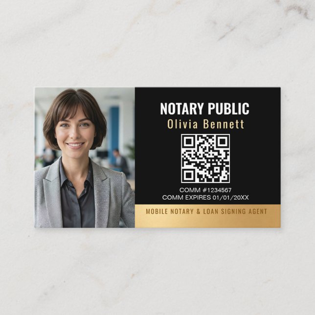 Modern Black Gold Notary QR Code  Business Card (Front)