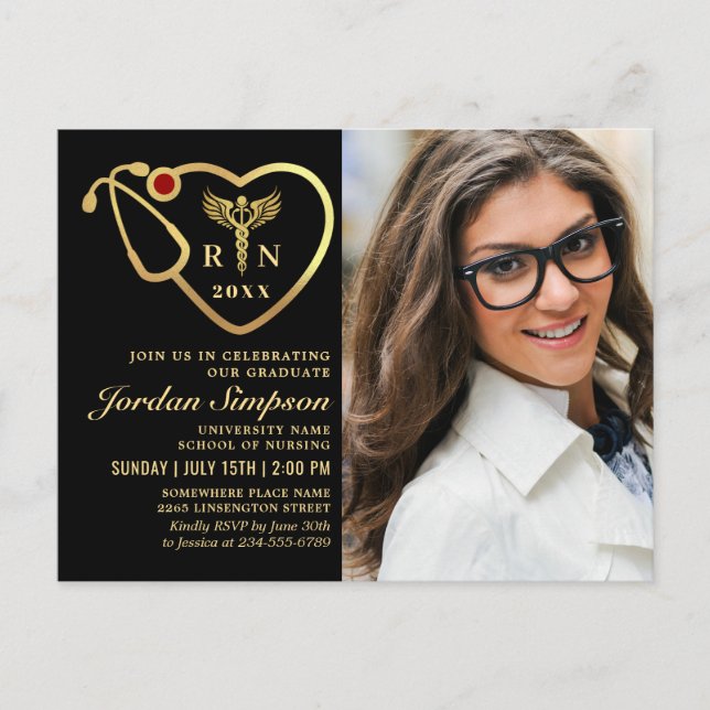 Modern Black Gold Nursing Graduation Photo Invitation Postcard (Front)