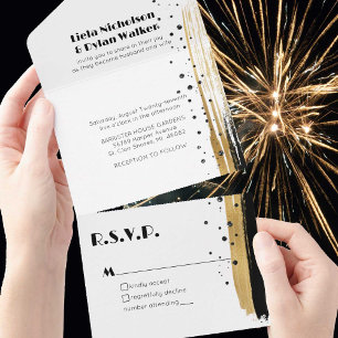 Modern Black Gold Paint Swash Border Wedding All In One Invitation