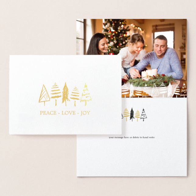 Modern Black & Gold Peace Love Joy Christmas Trees Foil Card (Display)