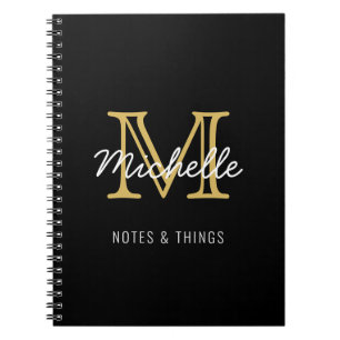 Modern Black Gold Personalised Name Monogrammed Notebook