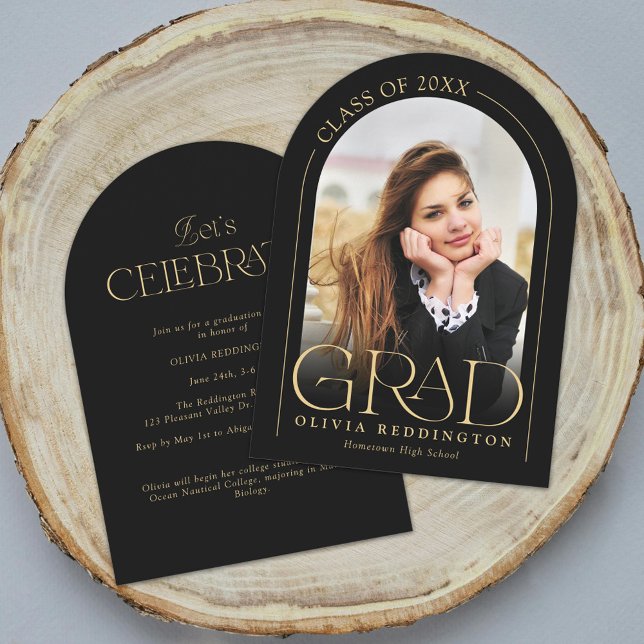 Modern Black Gold Photo Arch Graduation Party Invitation (Creator Uploaded)