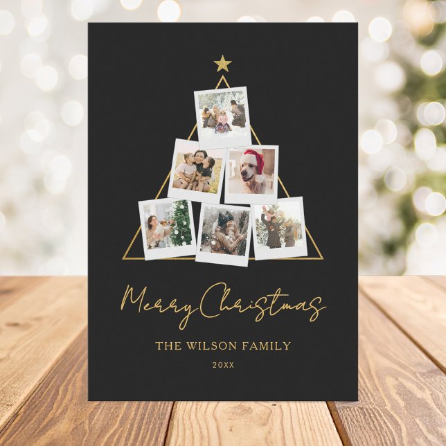 Modern Black Gold Photo Collage Christmas Holiday Card (Creator Uploaded)