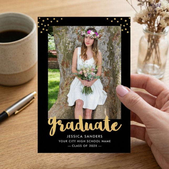 Modern Black Gold Photo Graduation Party Invitation (Creator Uploaded)