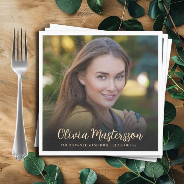 Modern Black Gold Photo Graduation Party Napkin (Black and gold graduation party photo paper napkins.)