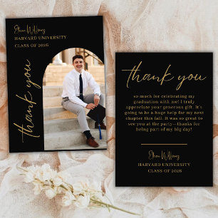 Modern Black Gold Photo Graduation Thank You Card