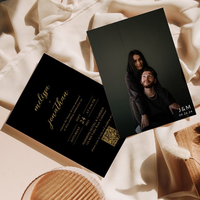 Modern Black & Gold Photo Monogram QR code Wedding Invitation (Creator Uploaded)