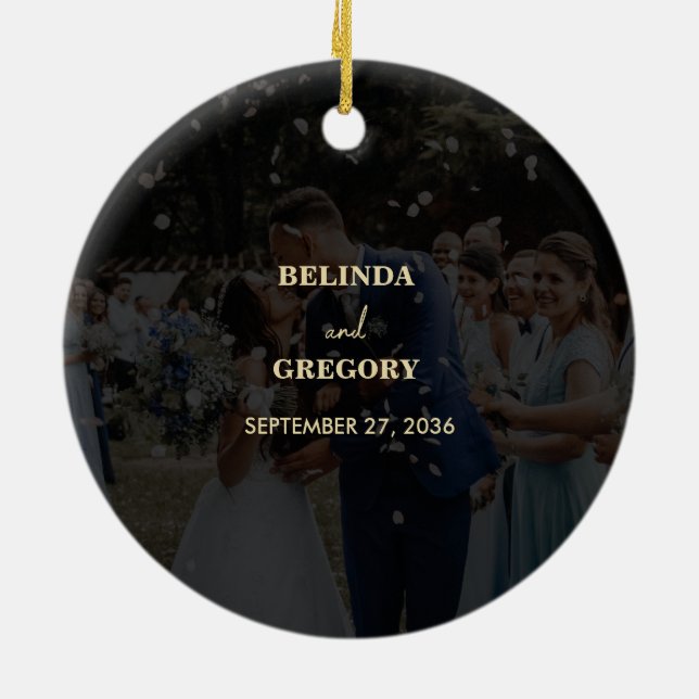 Modern Black Gold Photo Overlay Wedding Ceramic Tree Decoration (Back)