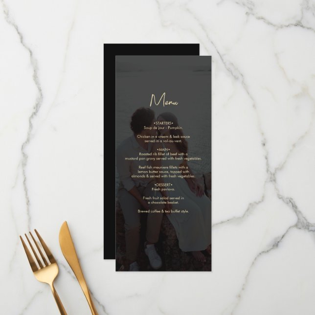 Modern Black Gold Photo Overlay Wedding Menu (Front/Back In Situ)