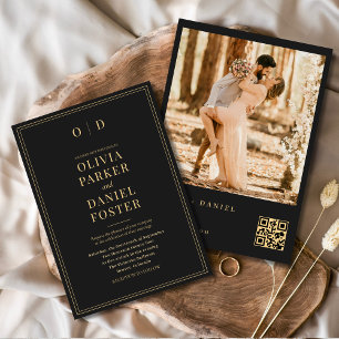 Modern Black Gold Photo QR Code Wedding Invitation