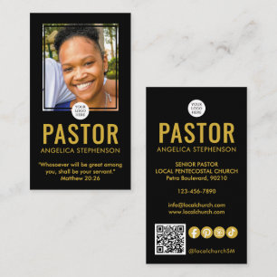 Modern Black Gold Photo QR Logo Church Pastor  Business Card