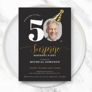 Modern Black Gold Photo Surprise 50th Birthday Invitation