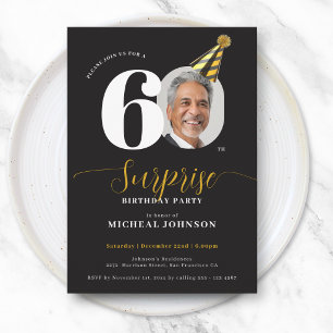 Modern Black Gold Photo Surprise 60th Birthday Invitation