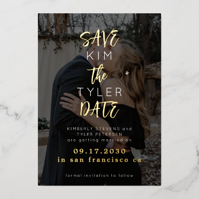 Modern black gold photo wedding save date  (Front)