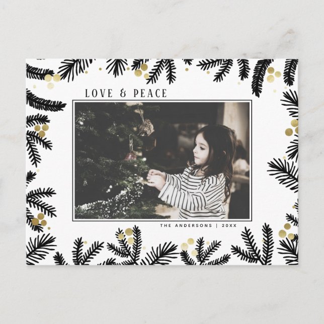 Modern Black & Gold Pine and Berries Holiday (Front)