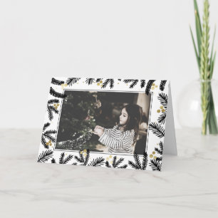 Modern Black & Gold Pine and Berries Holiday Photo Card