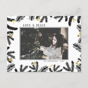 Modern Black & Gold Pine and Berries Holiday Postcard