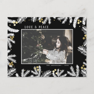 Modern Black & Gold Pine and Berries Holiday Postcard