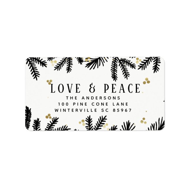 Modern Black & Gold Pine & Berries Holiday Address Label (Front)