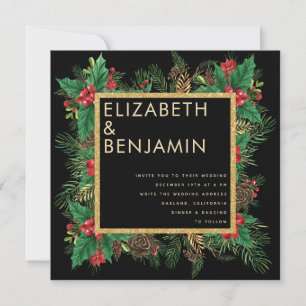 Modern Black Gold Pine Qr Code Christmas Wedding Invitation
