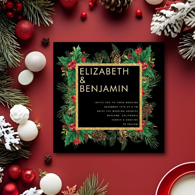 Modern Black Gold Pine Qr Code Christmas Wedding Invitation (Creator Uploaded)