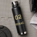 Modern Black Gold Player Name Jersey Number Sports Water Bottle<br><div class="desc">Create your own custom, personalised, cool, chic, modern, stylish faux gold typography / font / script, classy black, spill-proof, stainless steel, condensation-resistant exterior, monogrammed player name jersey number matte black durable double-wall Thor Copper Vacuum Insulated Bottle that keeps beverages hot for 12 hours or cold for 48 hours. Simply type...</div>