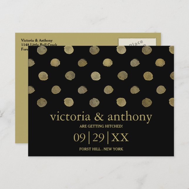 Modern Black & Gold Polka Dots Save The Date Announcement Postcard (Front/Back)