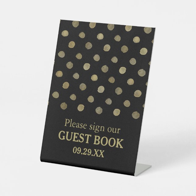 Modern Black & Gold Polka Dots Wedding Pedestal Sign (Front)