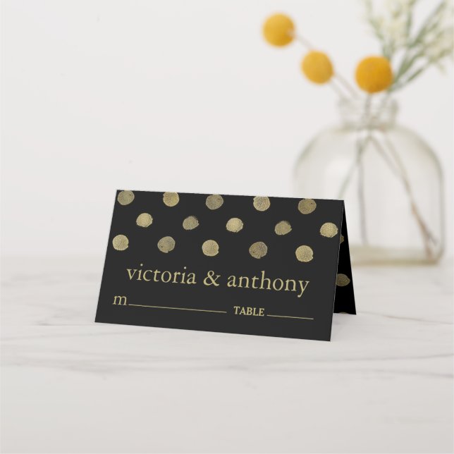 Modern Black & Gold Polka Dots Wedding Place Card (Front)