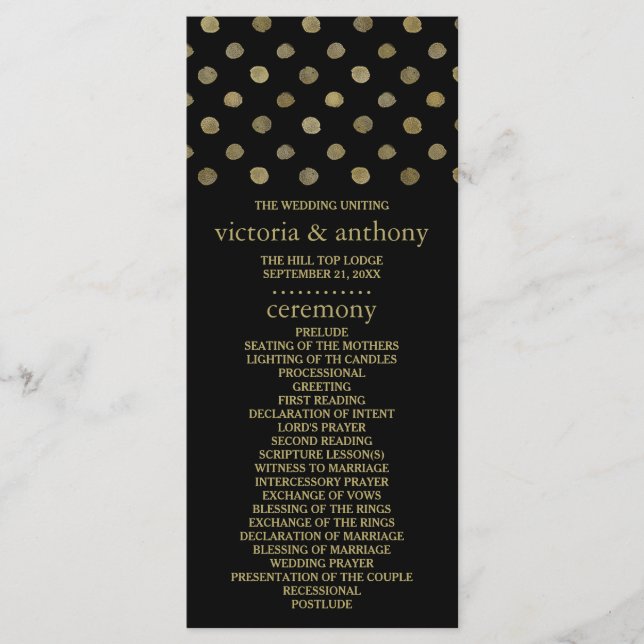 Modern Black & Gold Polka Dots Wedding Program Programme (Front)