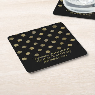 Modern Black & Gold Polka Dots Wedding Square Paper Coaster