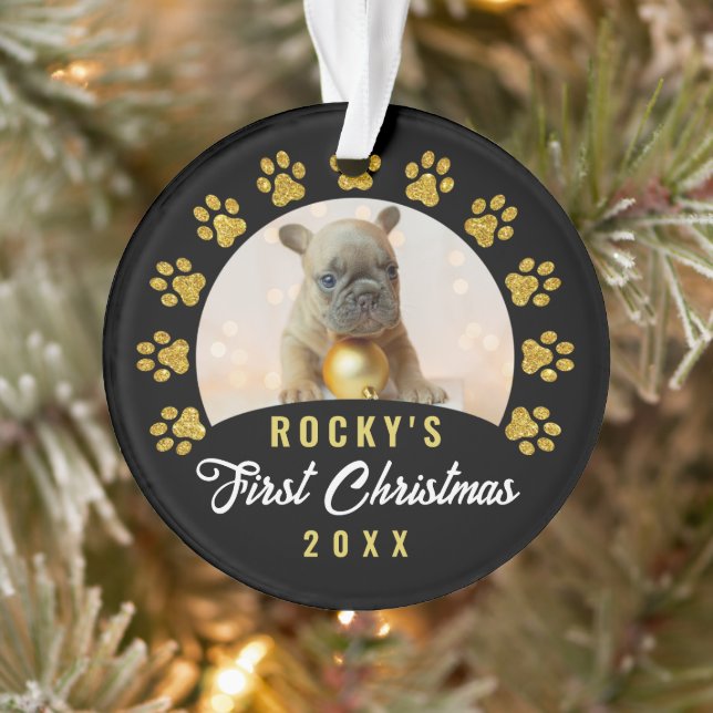Modern Black Gold Puppy Dog First Christmas Photo Ornament (Tree)