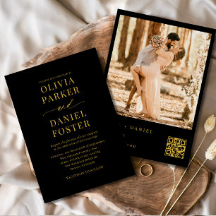 Modern Black Gold QR Code Photo Elegant Wedding Invitation