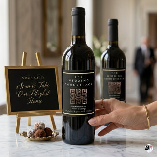 Modern Black & Gold QR Code Wedding Playlist Wine Label