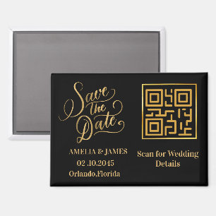 Modern Black & Gold QR Wedding Save The Date Magnet