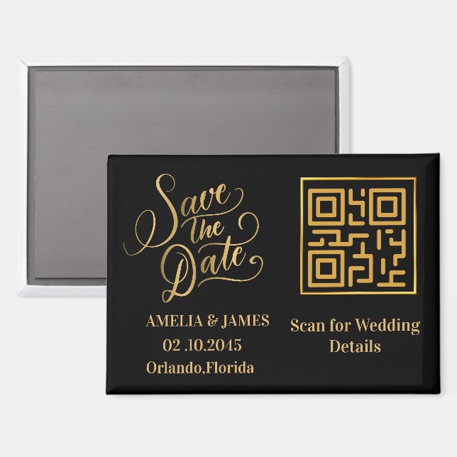 Modern Black & Gold QR Wedding Save The Date  Magnet (Front/Back)