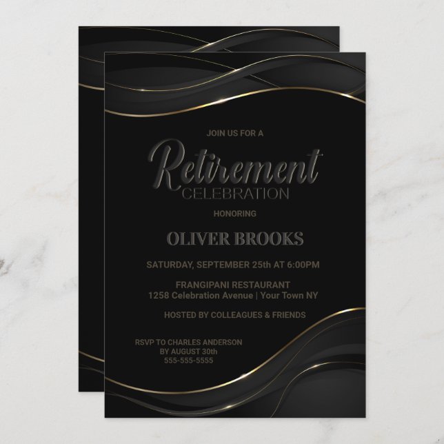 Modern Black Gold Retirement Celebration Invitation (Front/Back)