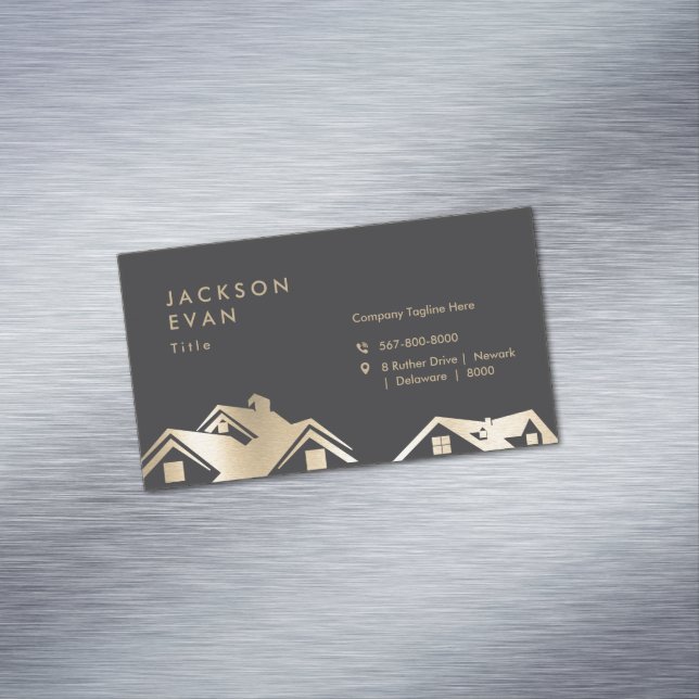 Modern Black & Gold Roofing Construction Repair Magnetic Business Card (In Situ)
