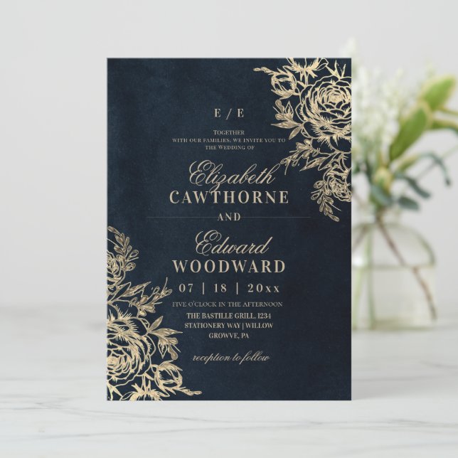Modern Black & Gold⎮Rose Elegant Wedding Invitation (Standing Front)