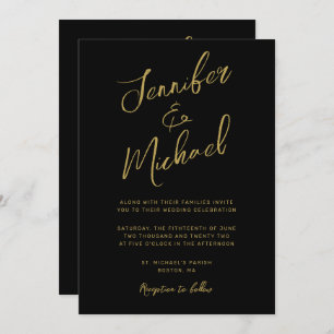 Modern Black Gold Script  All In One Wedding Invitation