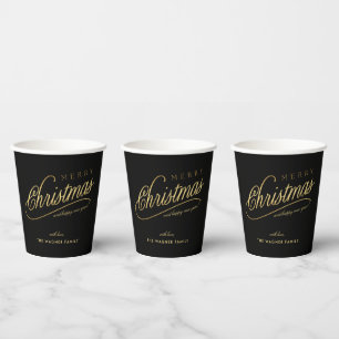 Modern Black & Gold Script Merry Christmas Paper Cups