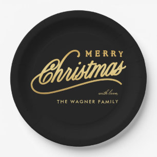 Modern Black & Gold Script Merry Christmas Paper Plate