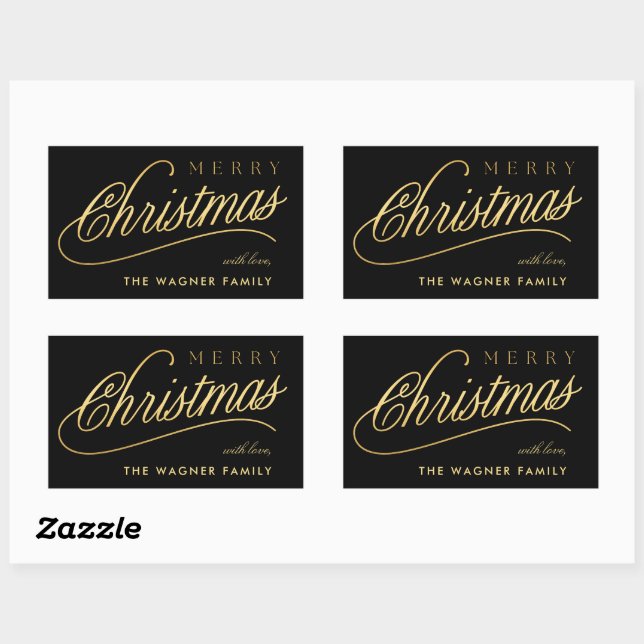 Modern Black & Gold Script Merry Christmas Rectangular Sticker (Sheet)