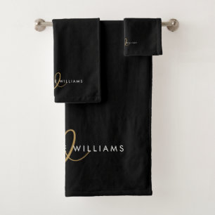 Modern Black Gold Script Monogram Bath Towel Set