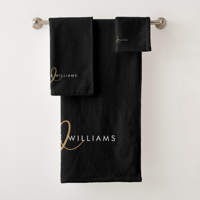 Modern Black Gold Script Monogram Bath Towel Set (Insitu)