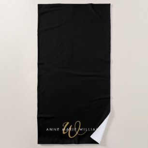 Modern Black Gold Script Monogram Beach Towel