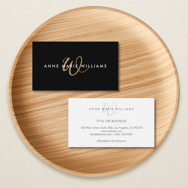 Modern Black Gold Script Monogram Business Card (Creator Uploaded)