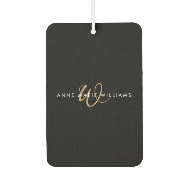Modern Black Gold Script Monogram Car Air Freshener (Front)