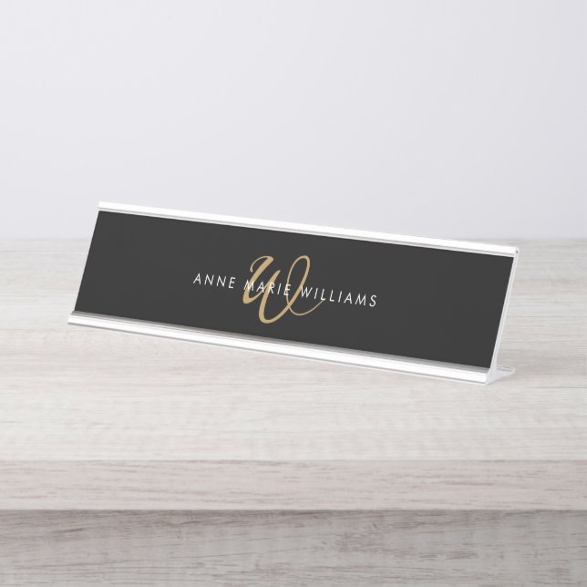 Modern Black Gold Script Monogram Desk Name Plate (Front)